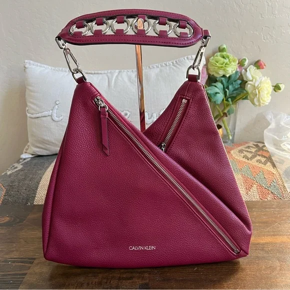 NWOT! Calvin Klein Geo Rocky Road Vegan Leather Hobo Bag In Merlot - Picture 1 of 17